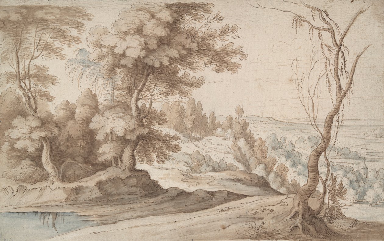 Paysage avec arbres et vue sur une vallée - Paul Bril