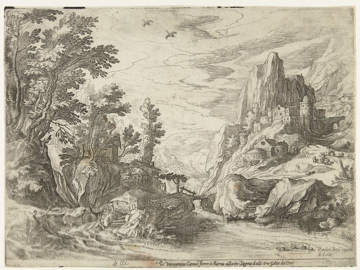 Paysage fluvial en Campanie avec ville sur des rochers - Paul Bril