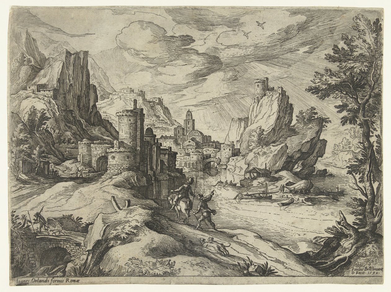 Côte rocheuse en Campanie avec ville et voyageurs - Paul Bril