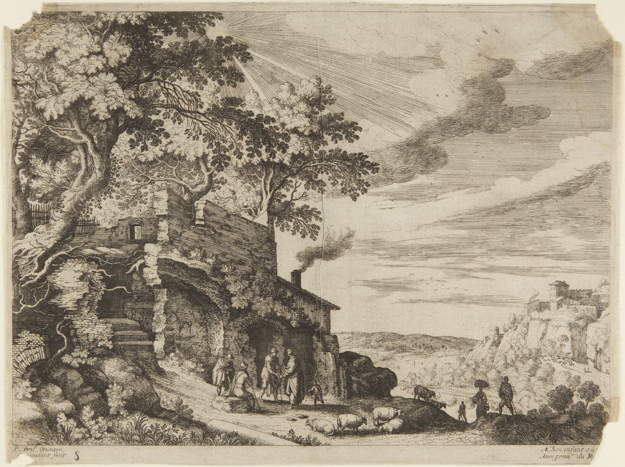 Des bergers devant un bâtiment en ruines - Paul Bril