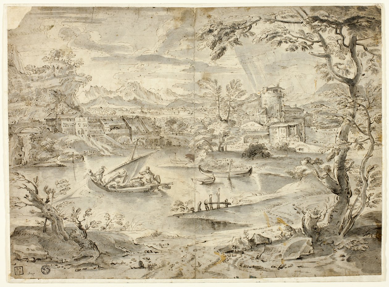 Vue de la ville avec bateau de pêche au premier plan - Paul Bril