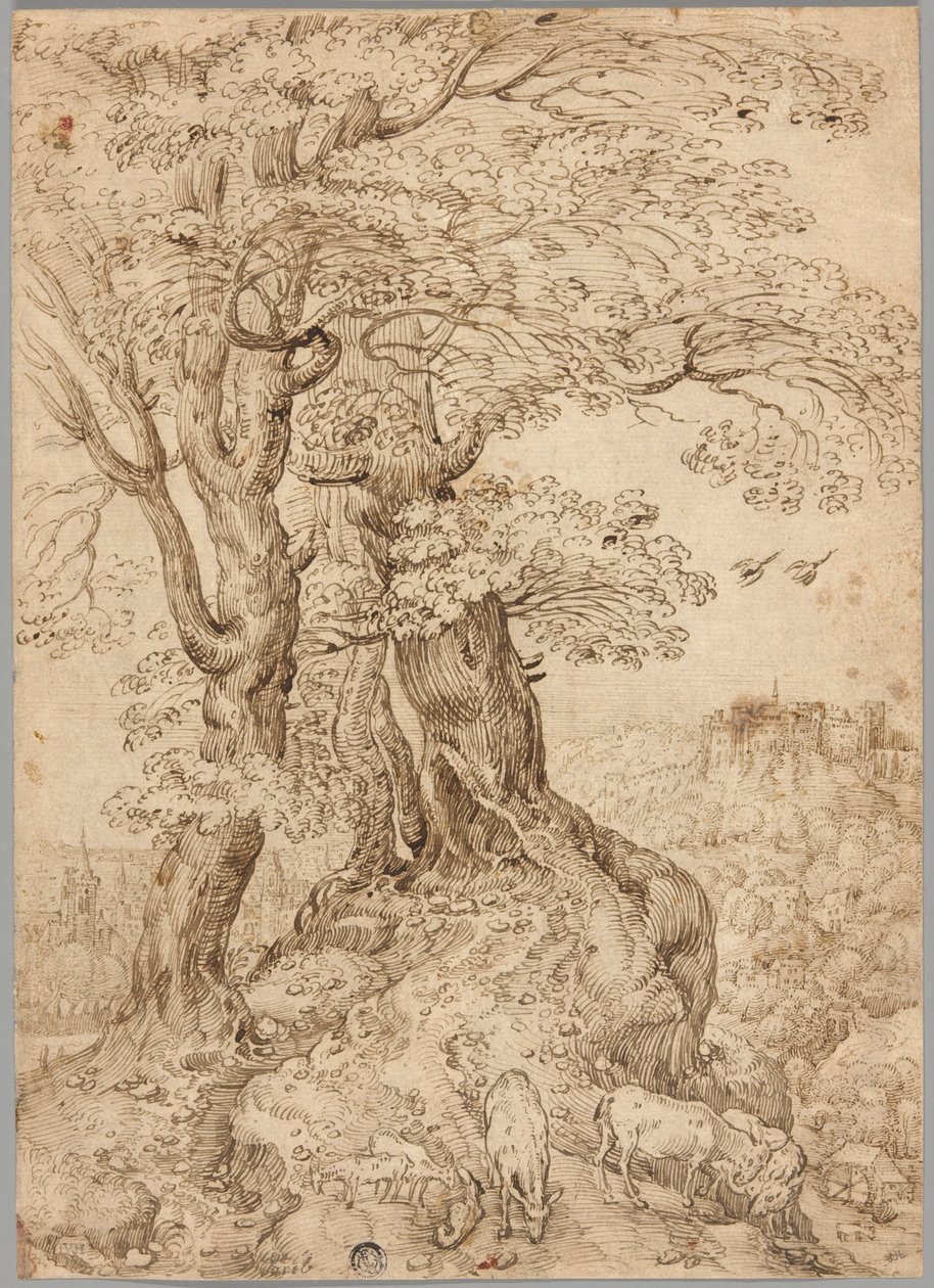 Paysage boisé avec ânes et chèvres, et château sur colline au loin - Paul Bril