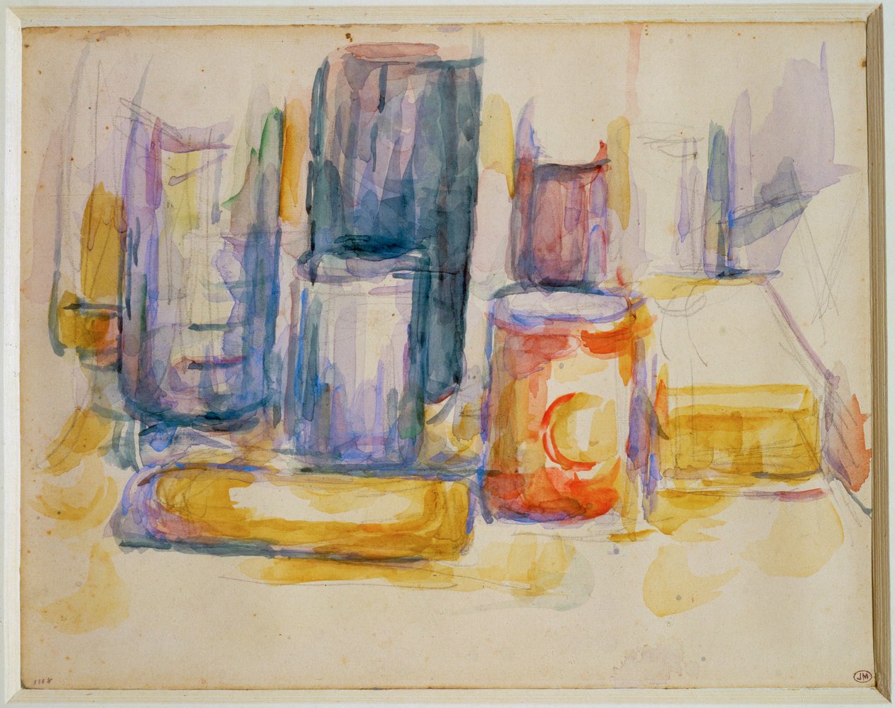 Une table de cuisine, des pots et des bouteilles (peinture) - Paul Cézanne