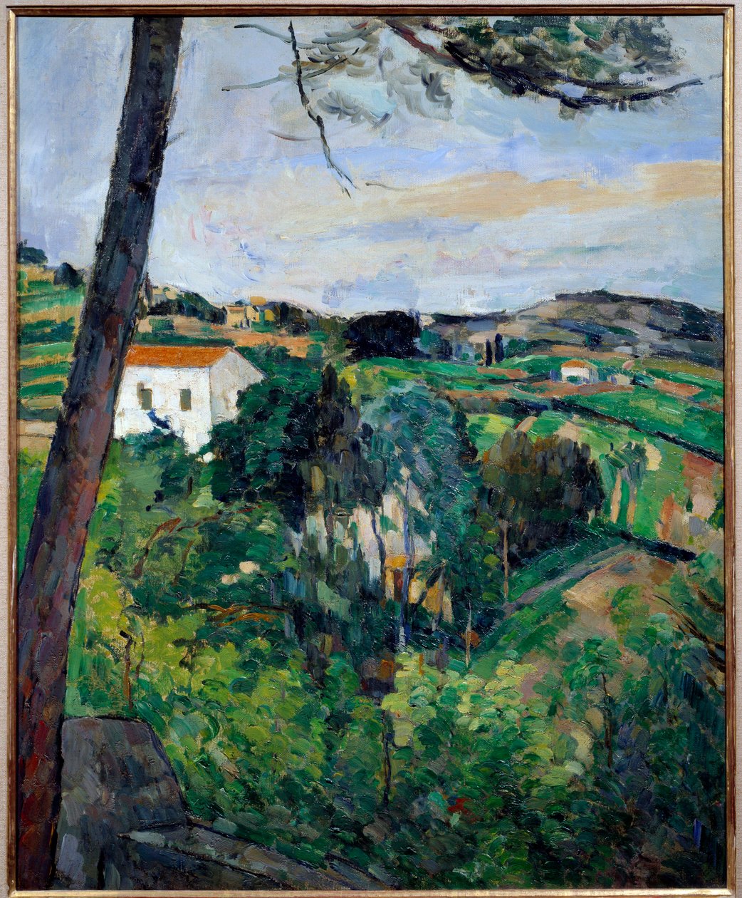 Paysage avec toits rouges ou pin à l