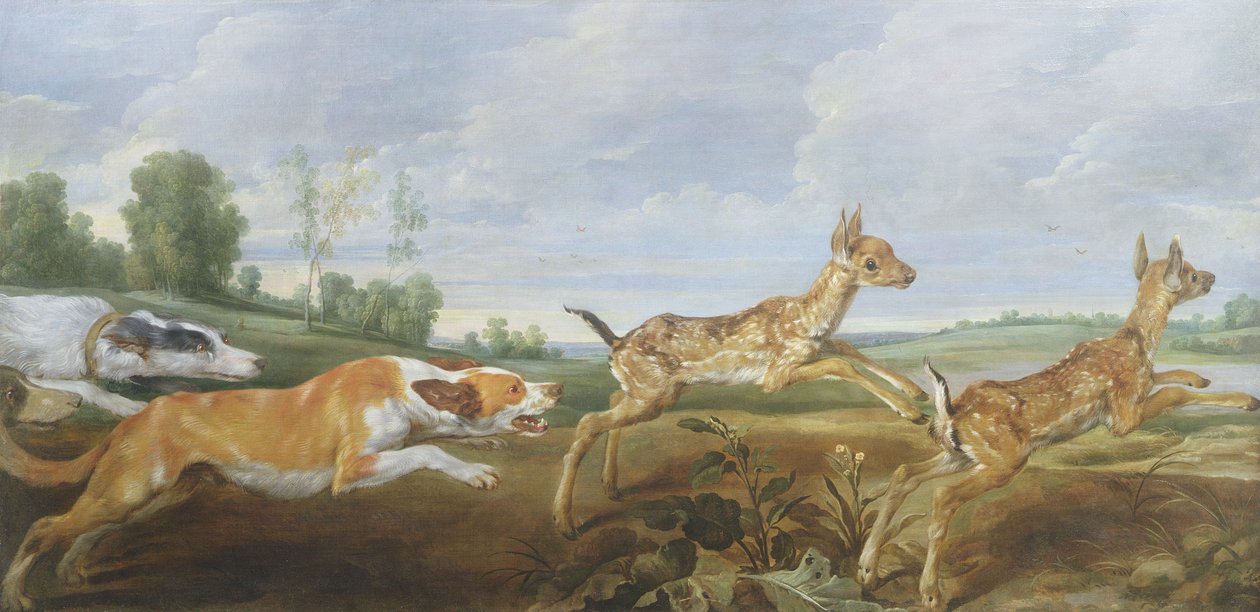 Une scène de chasse : chiens poursuivant deux faunes - Paul De Vos
