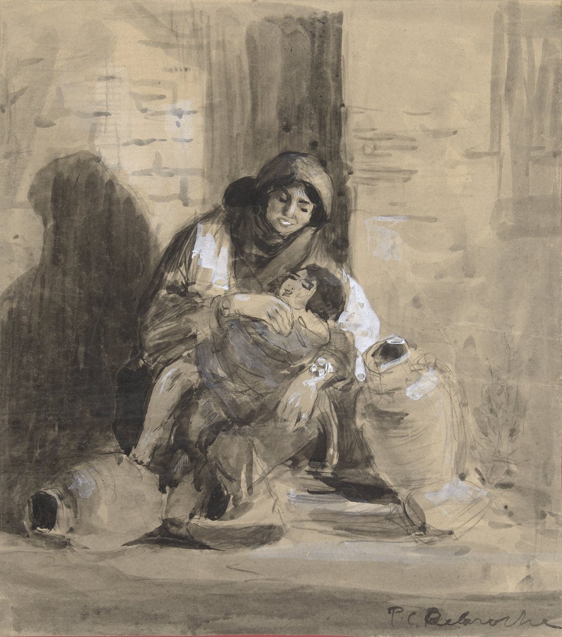 Femme juive assise de Gaza, avec son enfant et deux grandes cruches - Paul Delaroche