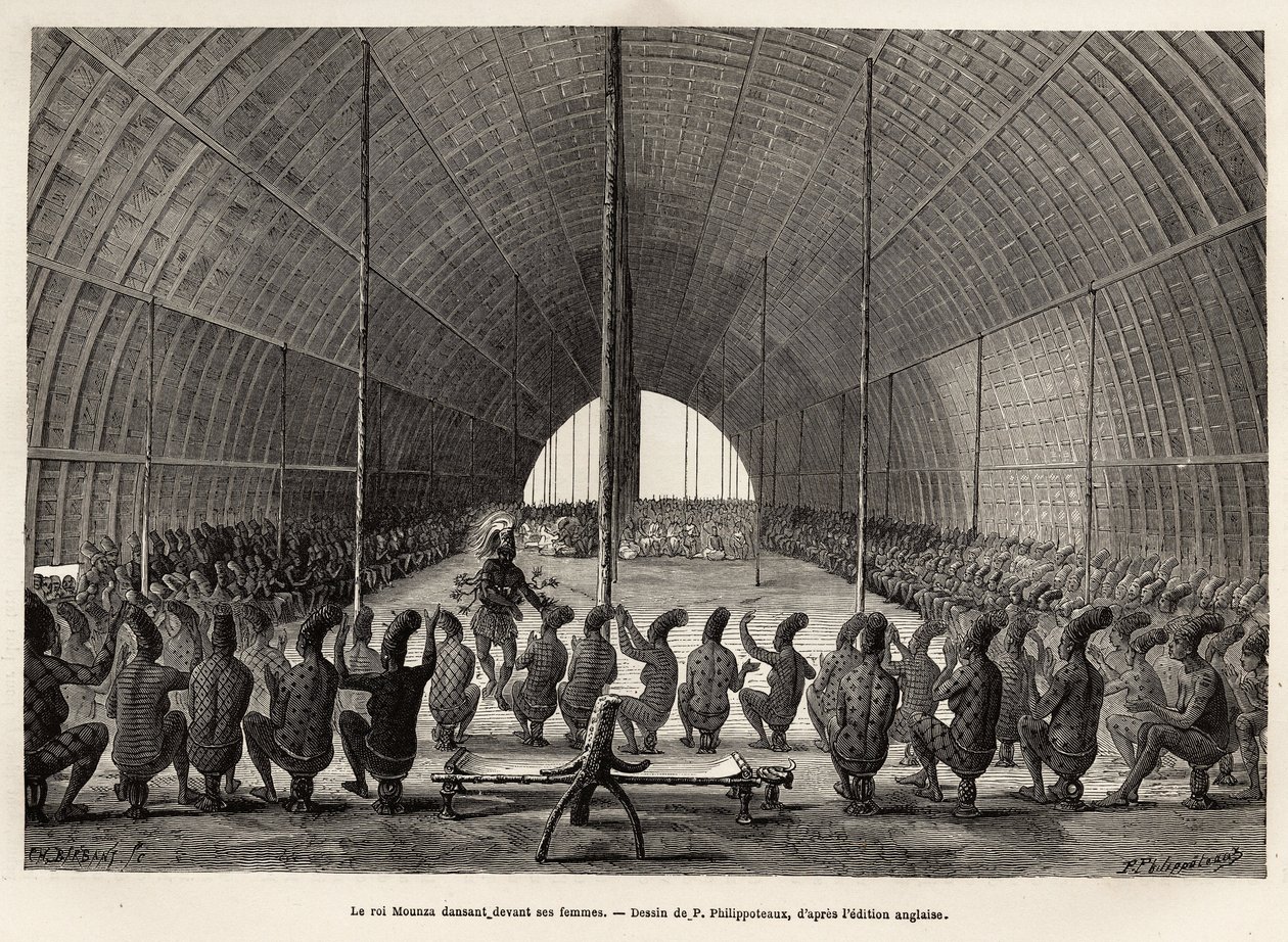 Mounza, roi des Mombouttous (Zaïre), dansant devant son sérail, composé de 80 femmes, gravure d