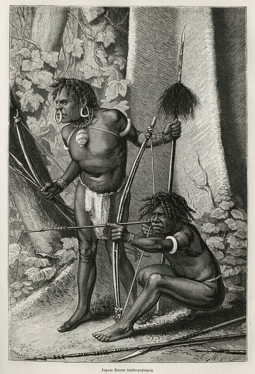 Portraits de deux papous Karons, anthropophages. Gravure pour illustrer le voyage en Nouvelle-Guinée par Achille Raffray, chargé d