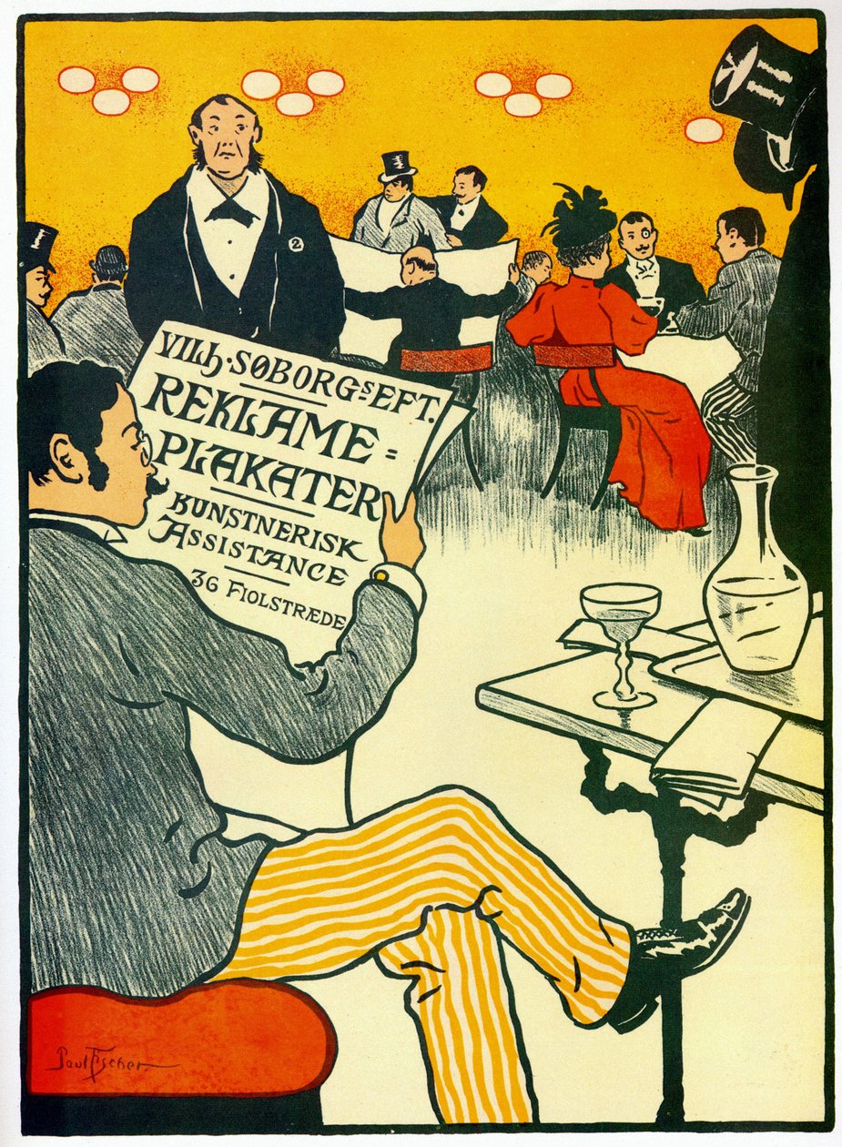 Affiche publicitaire pour une imprimerie représentant une scène de bar - Paul Fischer