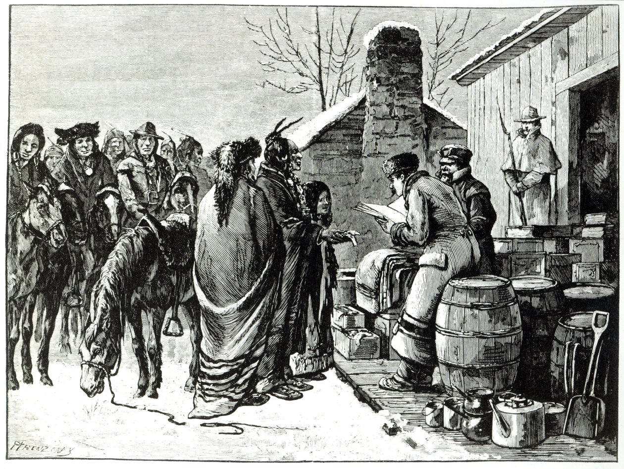 Indiens de la réserve recevant des rations des agents du gouvernement (gravure) - Paul Frenzeny