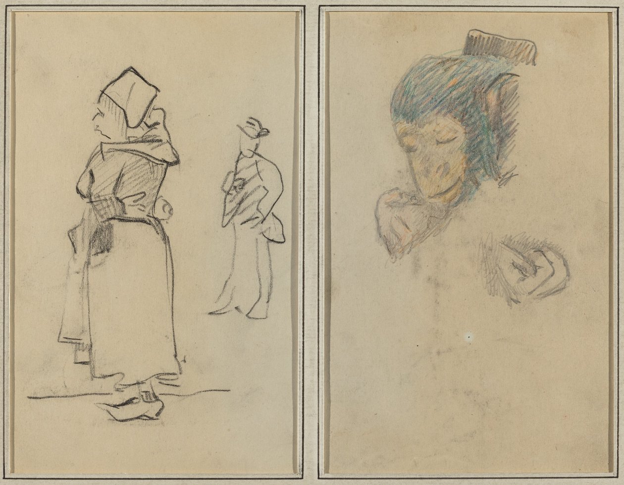 Une femme bretonne et un homme debout ; Tête et main d