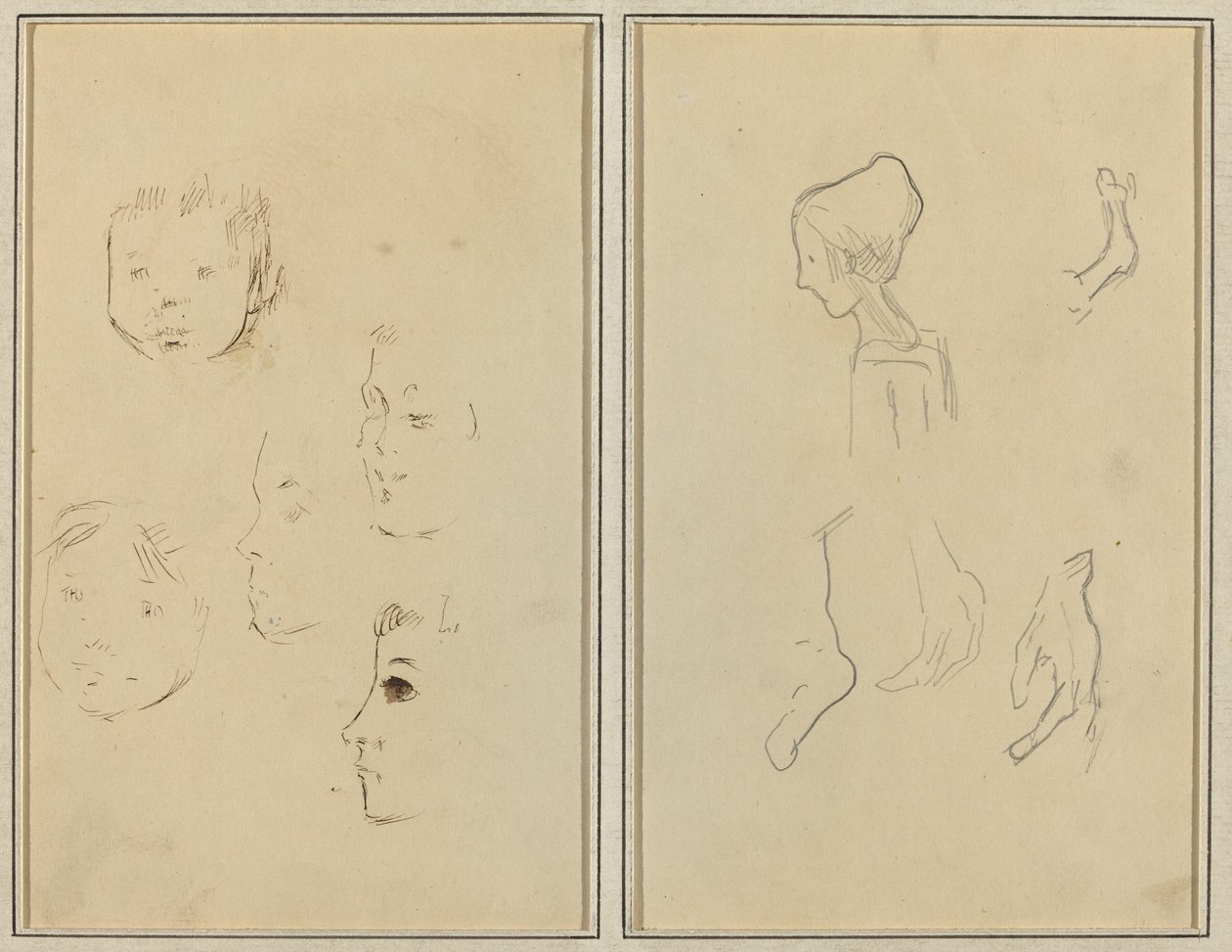 Cinq études de têtes ; Un garçon de profil avec des études de mains et de pieds (verso) - Paul Gauguin
