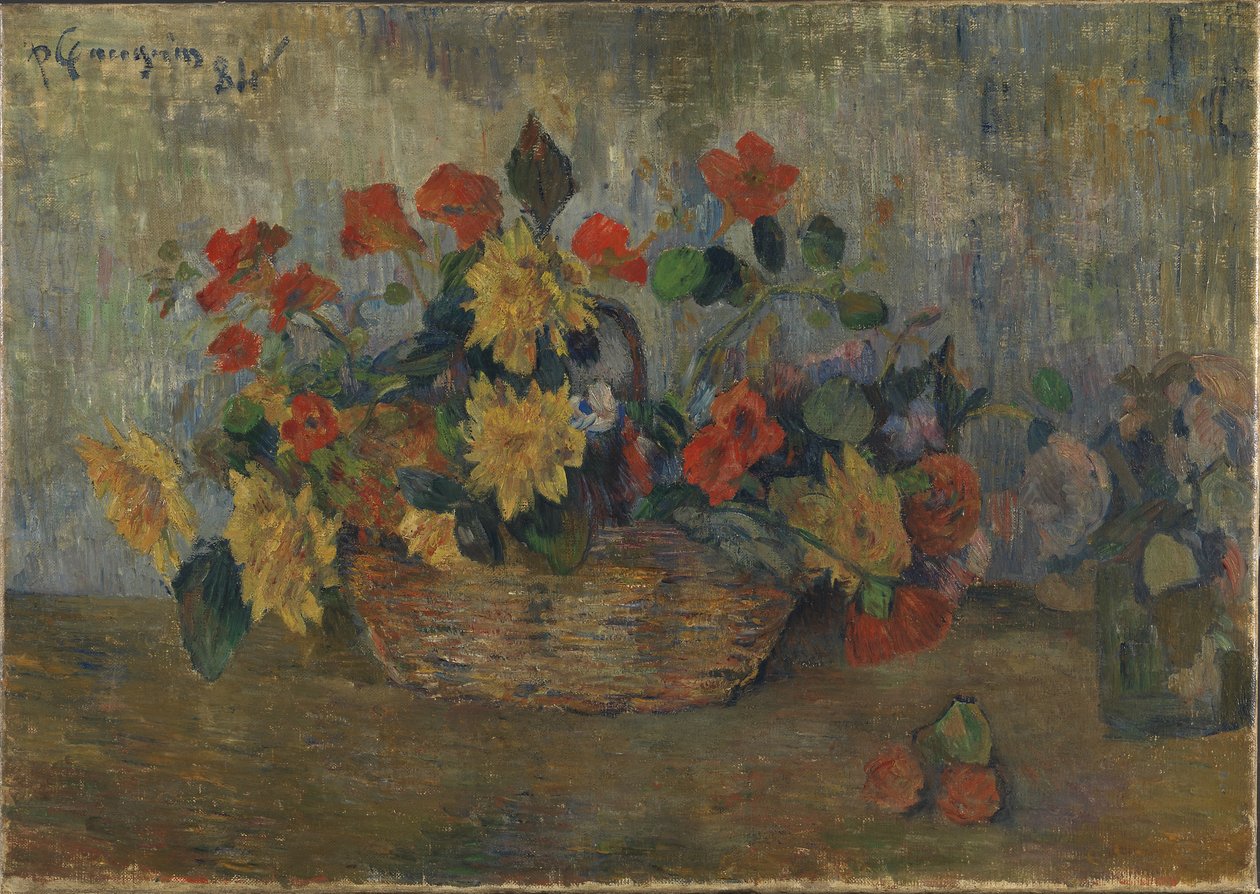 French: Capucines et dahlias dans une corbeille, ou Corbeille de fleurs Nasturtiums and Dahlias in a Basket - Paul Gauguin