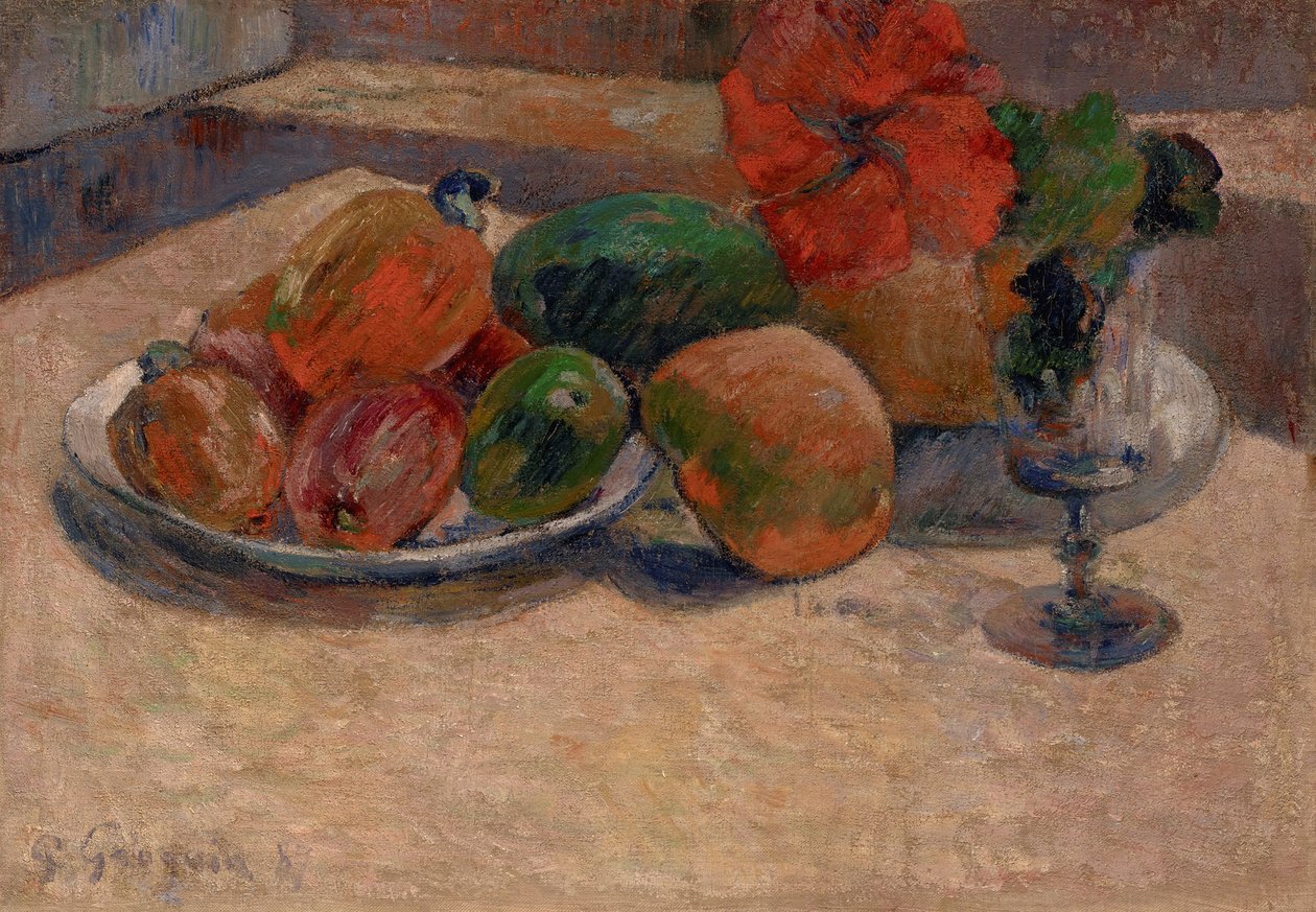 Français :  Nature morte aux mangues et à la fleur d