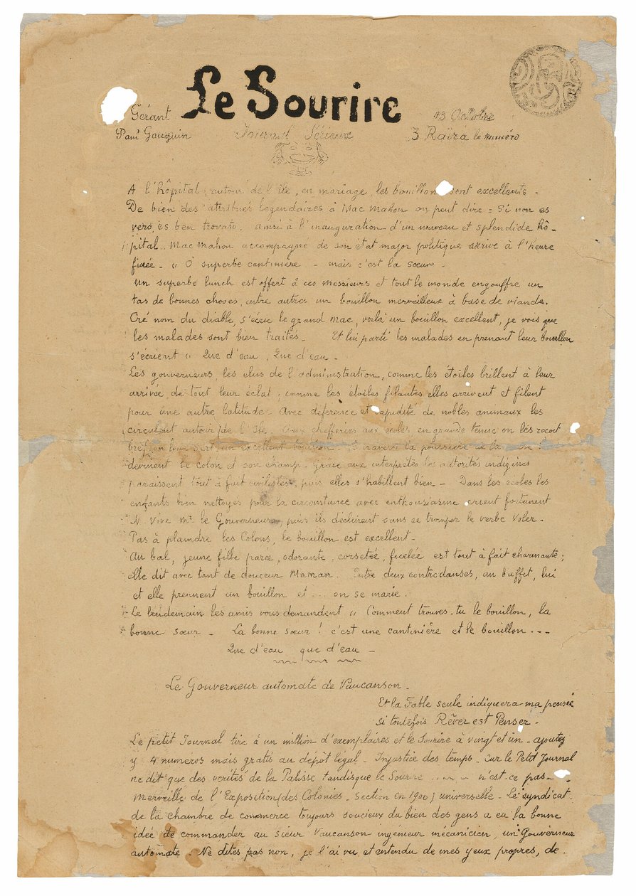 Le sourire: Journal sérieux, Oct. 13, 1899 - Paul Gauguin
