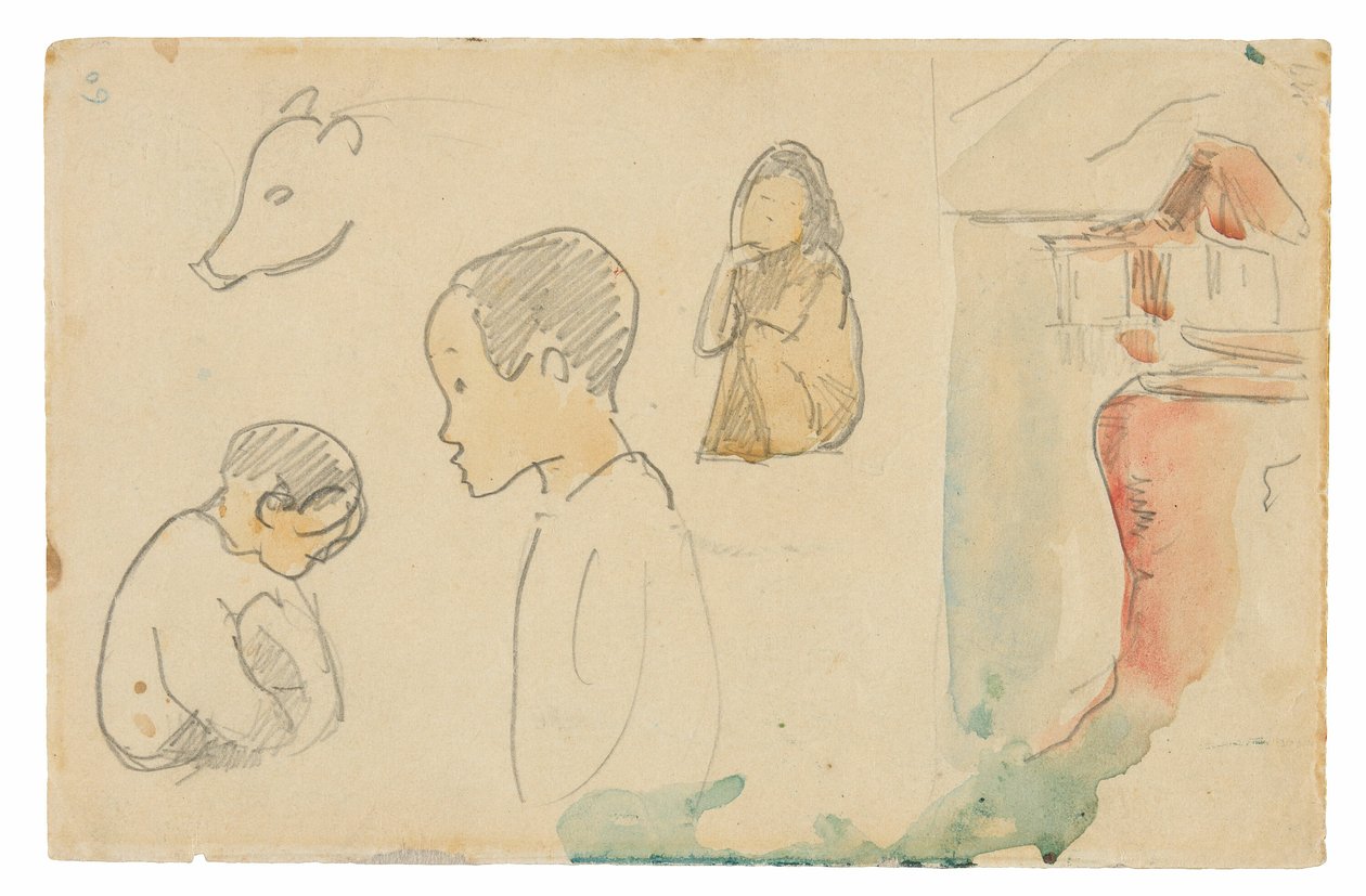 Croquis de figures accroupies et debout, un cochon et une hutte au bord de l