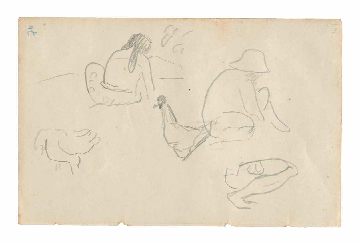 Esquisses de figures assises et de poulets (recto), torse féminin nu (lié à la peinture Te a no areois [La graine des Areoi]) (verso), du Carnet de Tahiti (carnet de croquis tahitien) - Paul Gauguin