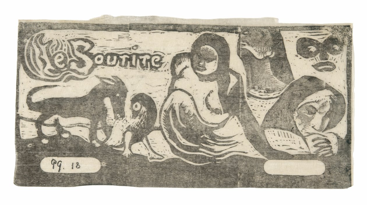 Trois personnes, un masque, un renard et un oiseau, en-tête pour Le sourire - Paul Gauguin