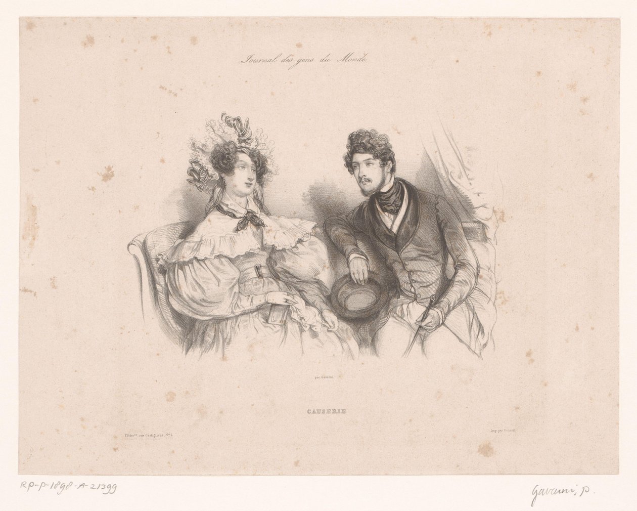 Homme et femme parlant sur un banc (Causerie) - Paul Gavarni