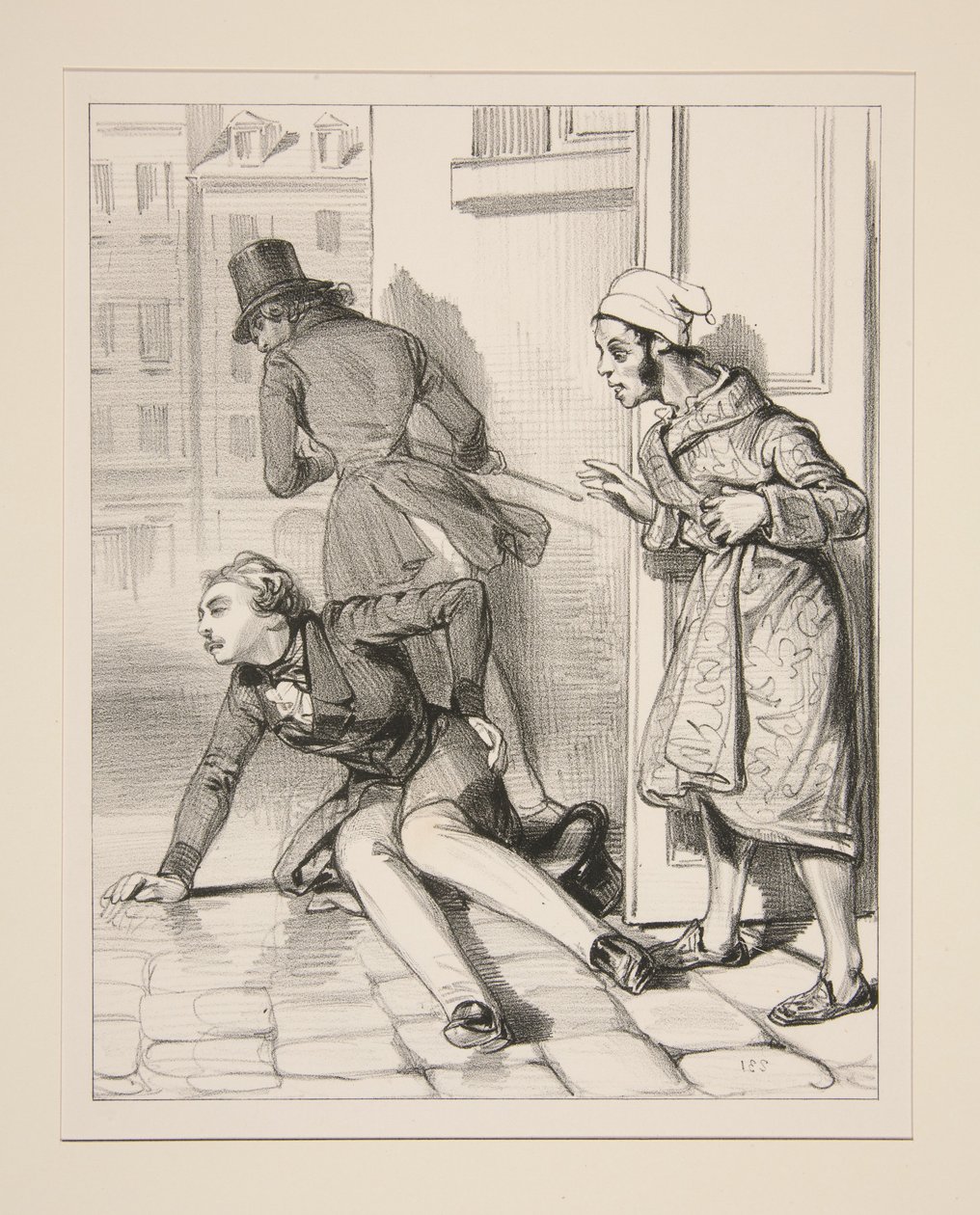 Monsieur Victor, qui flanait sous certaine fenetre, a recu de Monsieur Prosper une foule de coups de canne. - Paul Gavarni