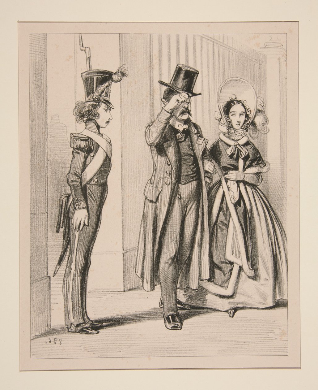 Monsieur Alfred, en faction, rend les honneurs à qui de droit. - Paul Gavarni