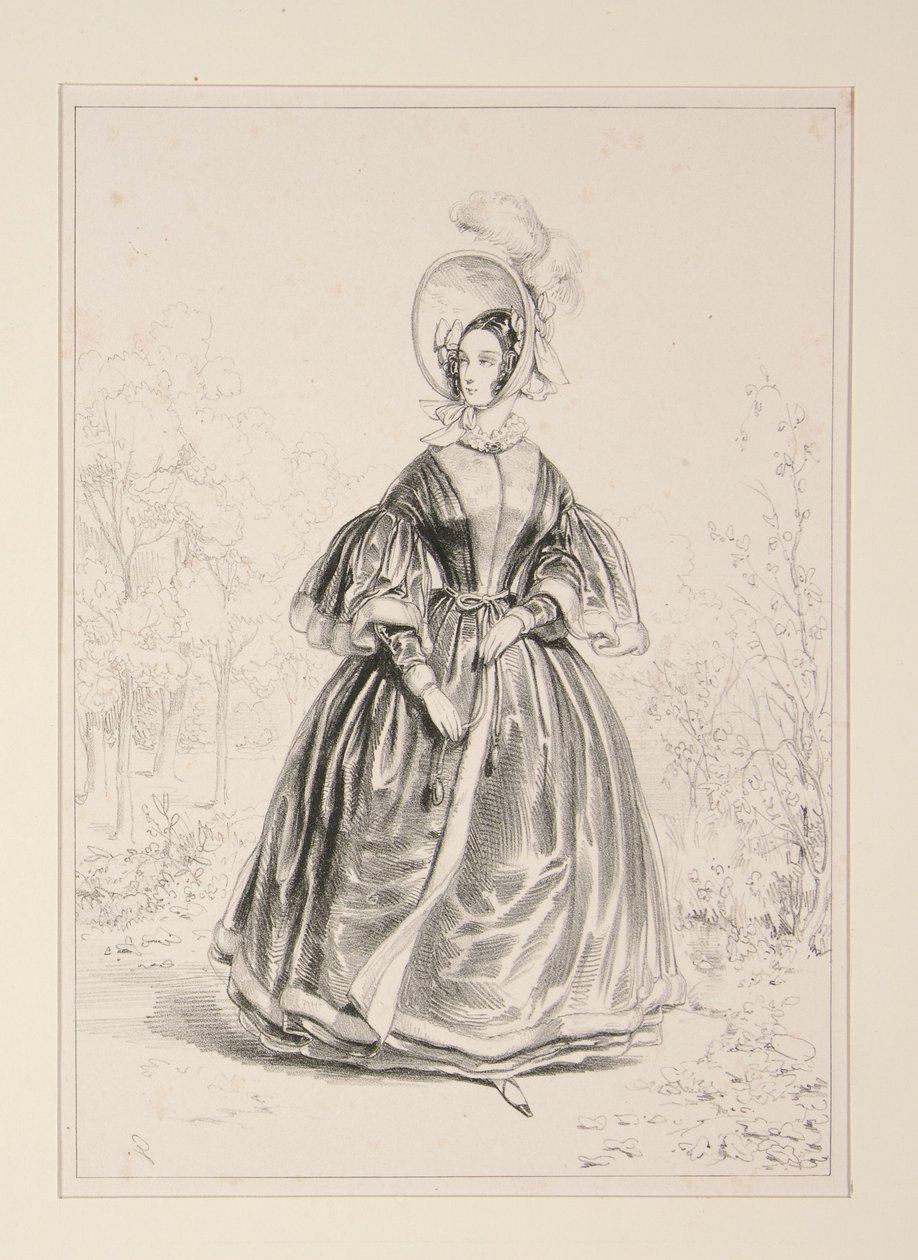 Pelisse en tissu gros-grain, doublée de satin et bordée de crêpe. Chapeau de peluche. - Paul Gavarni