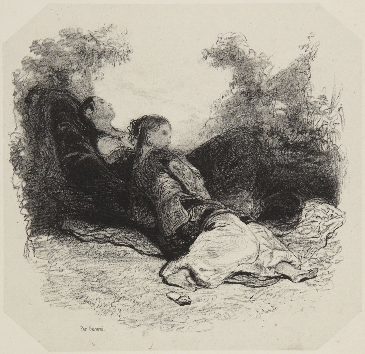 Deux femmes se reposant dans un jardin - Paul Gavarni