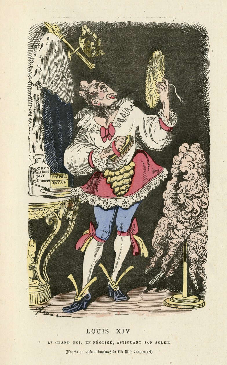 Illustration de Hadol (1835-1875) dans Histoire de France tintamarresque, vers 1880 - Maquillage, Ancien régime, Soleil, Perruque - Louis XIV - Paul Hadol