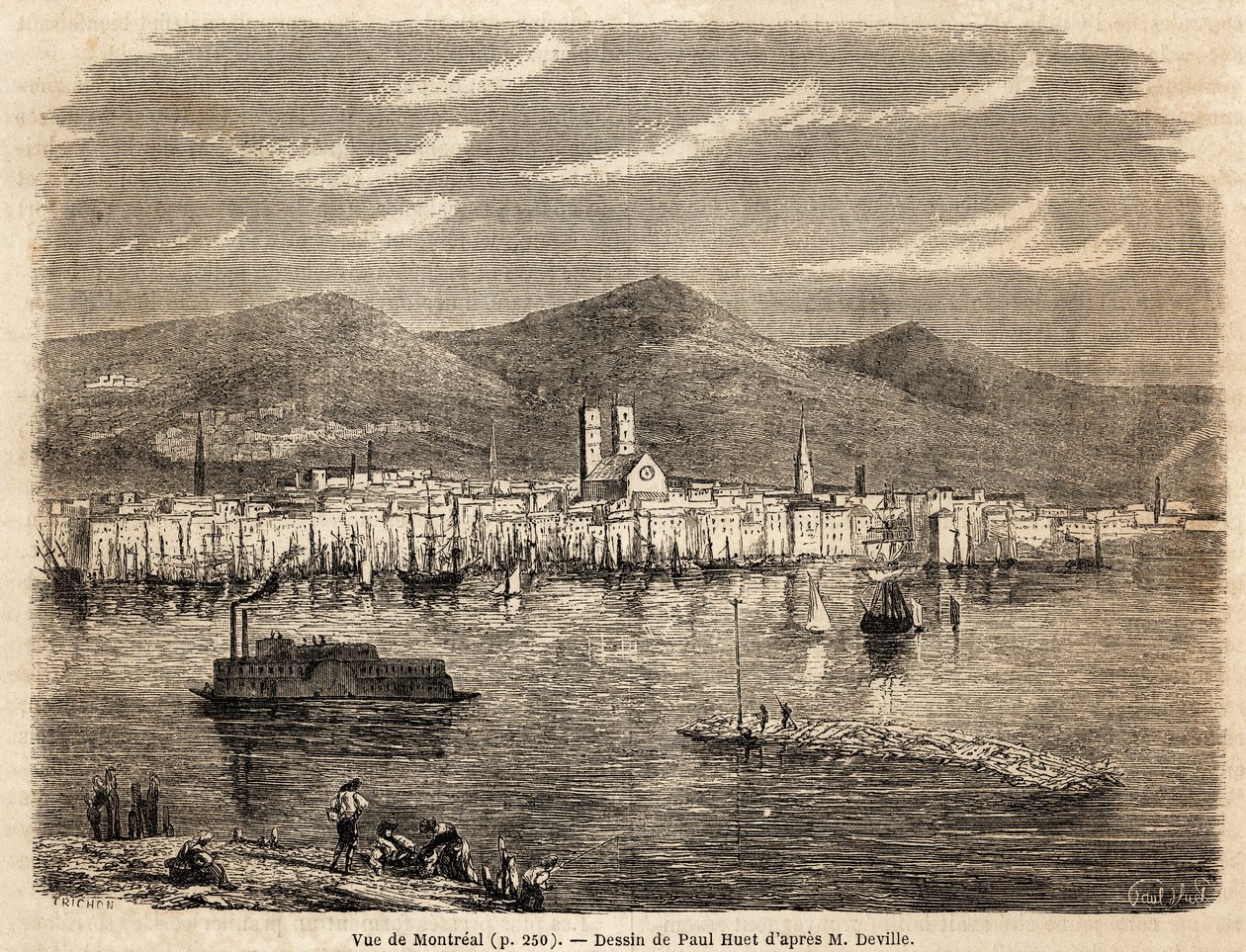Vue de Montréal, dessin de Paul Huet (1803-1869), pour illustrer les voyages en Amérique du Nord en 1854-1855, par L. Deville. Gravure dans "Le tour du monde" 1861. Collection Selva - Paul Huet