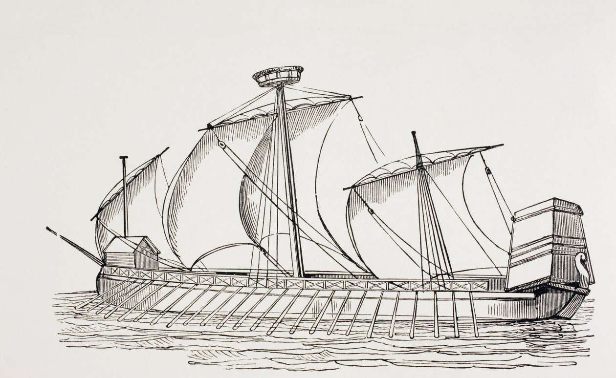 Galère à trois mâts du 16e siècle avec voiles carrées. - Paul Lacroix