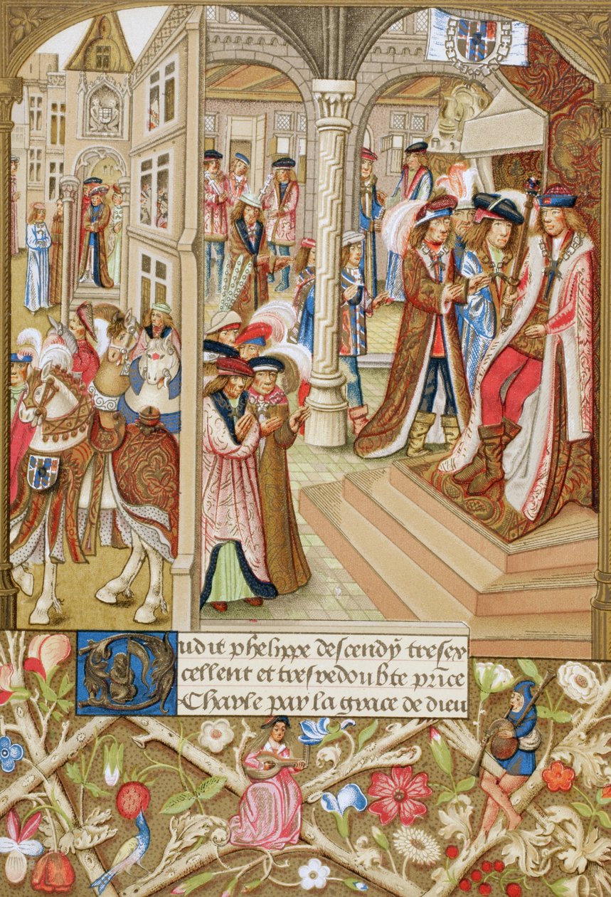 Charles le Téméraire, duc de Bourgogne, 1433-1477, assis sur son trône et entouré de ses barons et conseillers. D