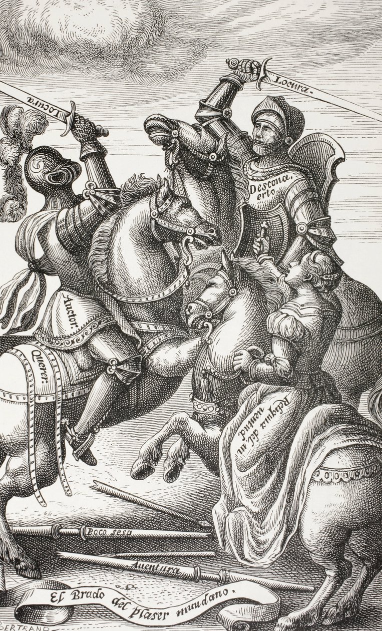 La chevalerie représentée par des figures allégoriques. Chevaliers combattant à cheval. D