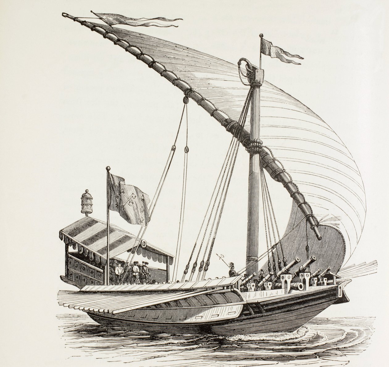 Galère pontificale avec voiles, rames et artillerie lourde. Elle arbore le drapeau papal. D