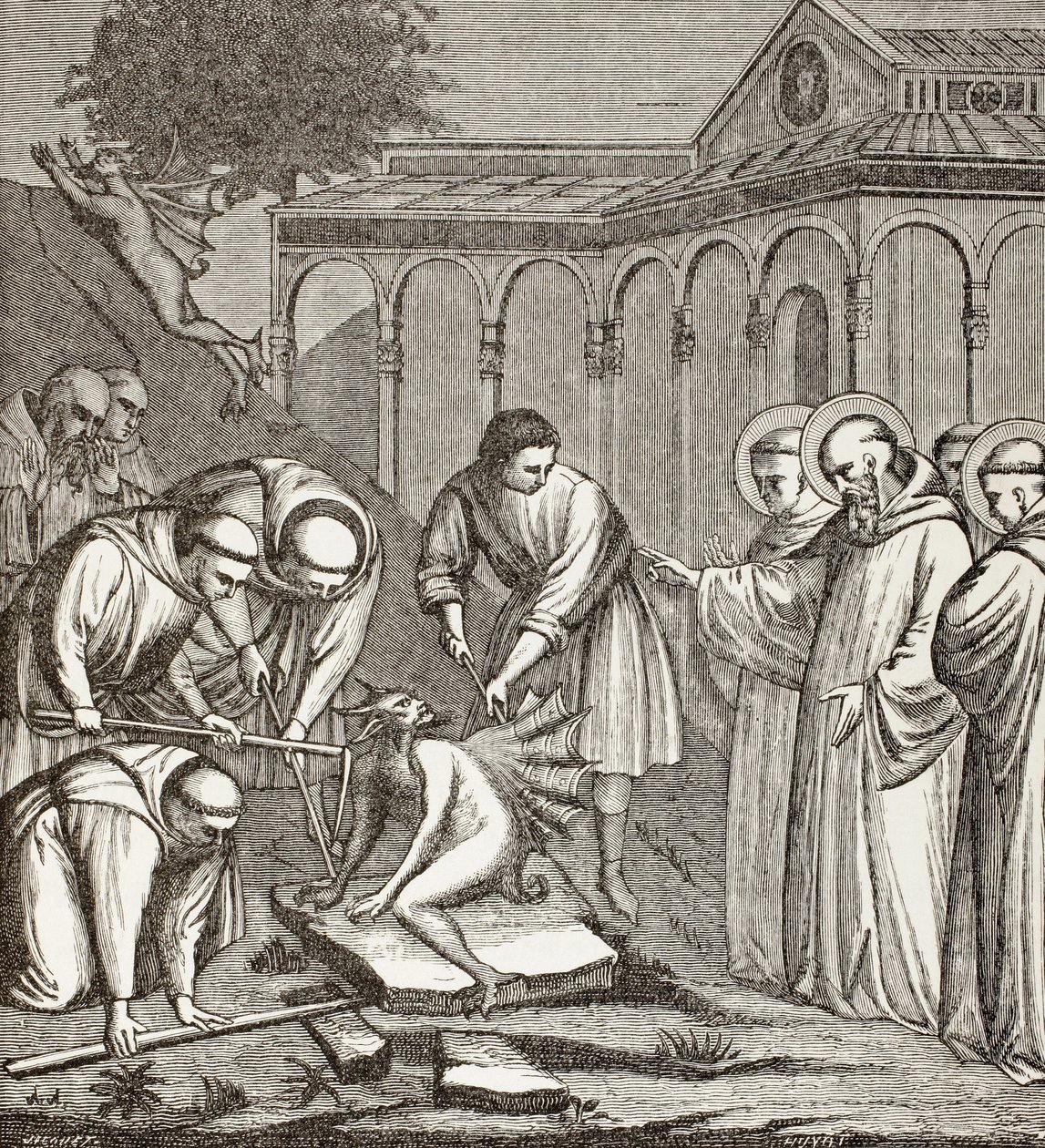 Saint Benoît et le diable. Lorsque Benoît construisait une chapelle, le diable était assis sur une pierre et personne ne pouvait le déplacer jusqu