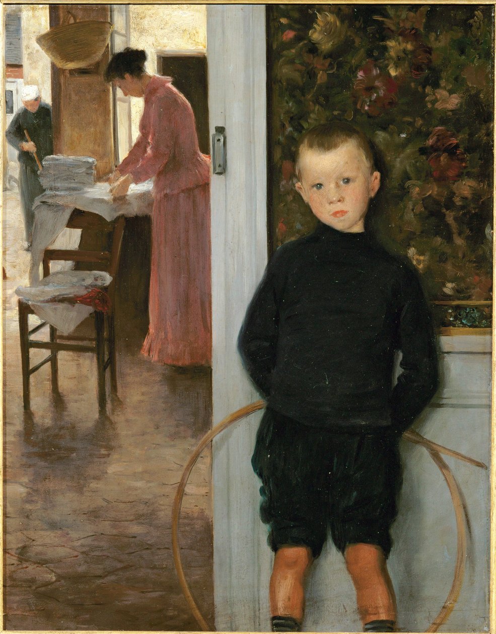 Enfant et femme dans un interieur (peinture sur toile) - Paul Mathey