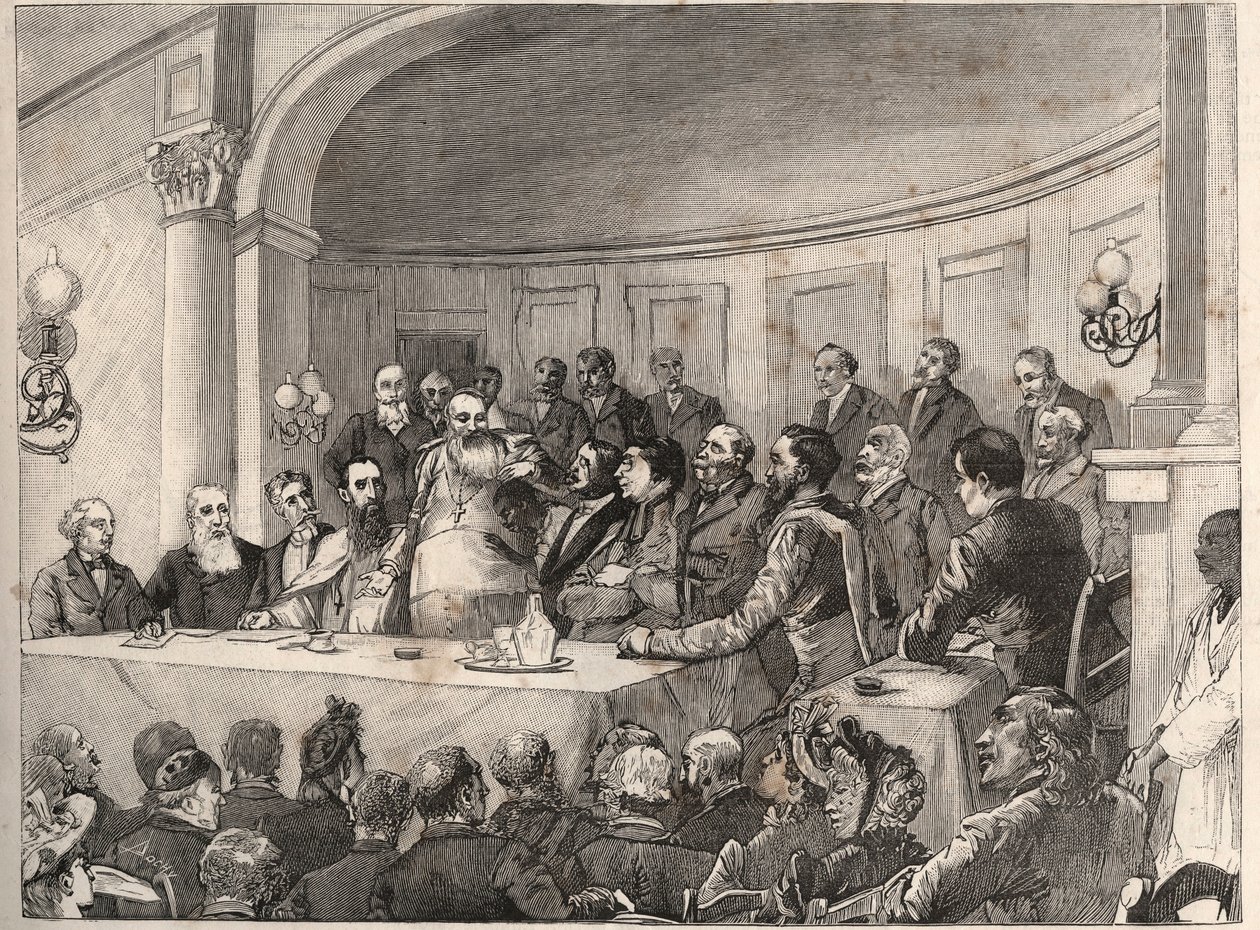 Le Congrès antiesclavagiste tenu à Paris les 21, 22 et 23 septembre 1890 à la Société de Géographie en présence de Jules Simon, Émile Keller et Monseigneur Lavigerie. Gravure d