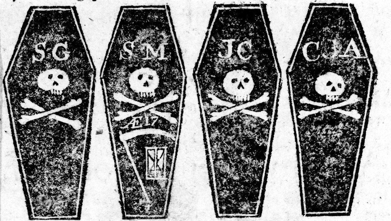 Dessin des quatre cercueils du massacre de Boston, imprimé dans le Boston Gazette, le 12 mars 1770 - Paul Revere