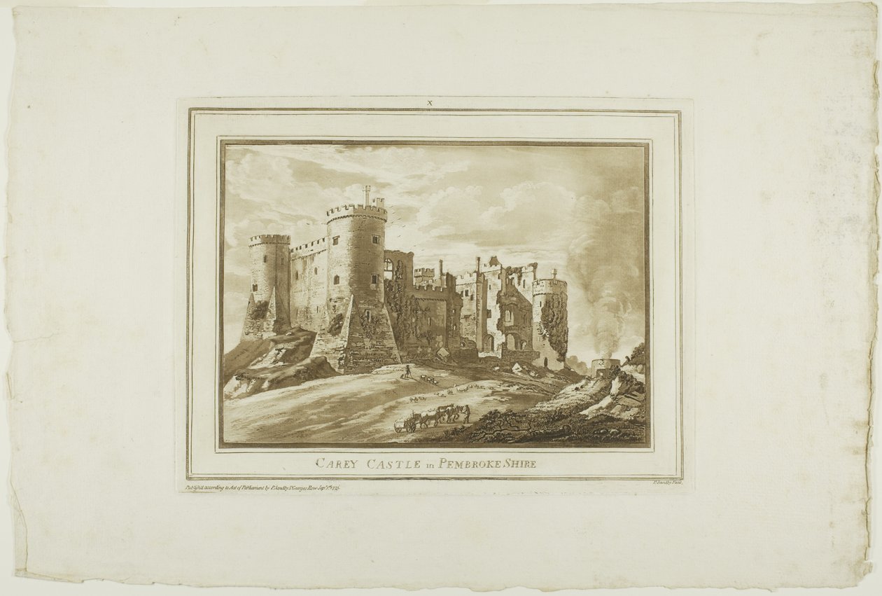 Château de Carey dans le Pembrokeshire, des Douze vues en aquatinte de dessins pris sur place au sud du Pays de Galles - Paul Sandby