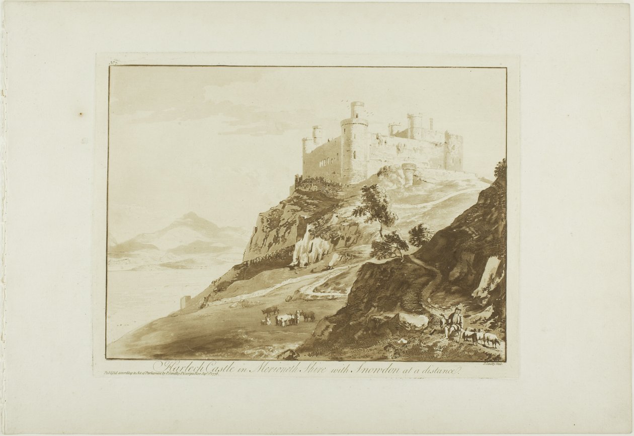 Château de Harlech dans le comté de Merioneth avec Snowdon au loin - Paul Sandby