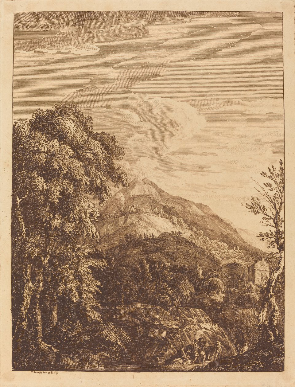 Paysage montagneux avec une cascade, une tour ronde, un château et des bandits - Paul Sandby