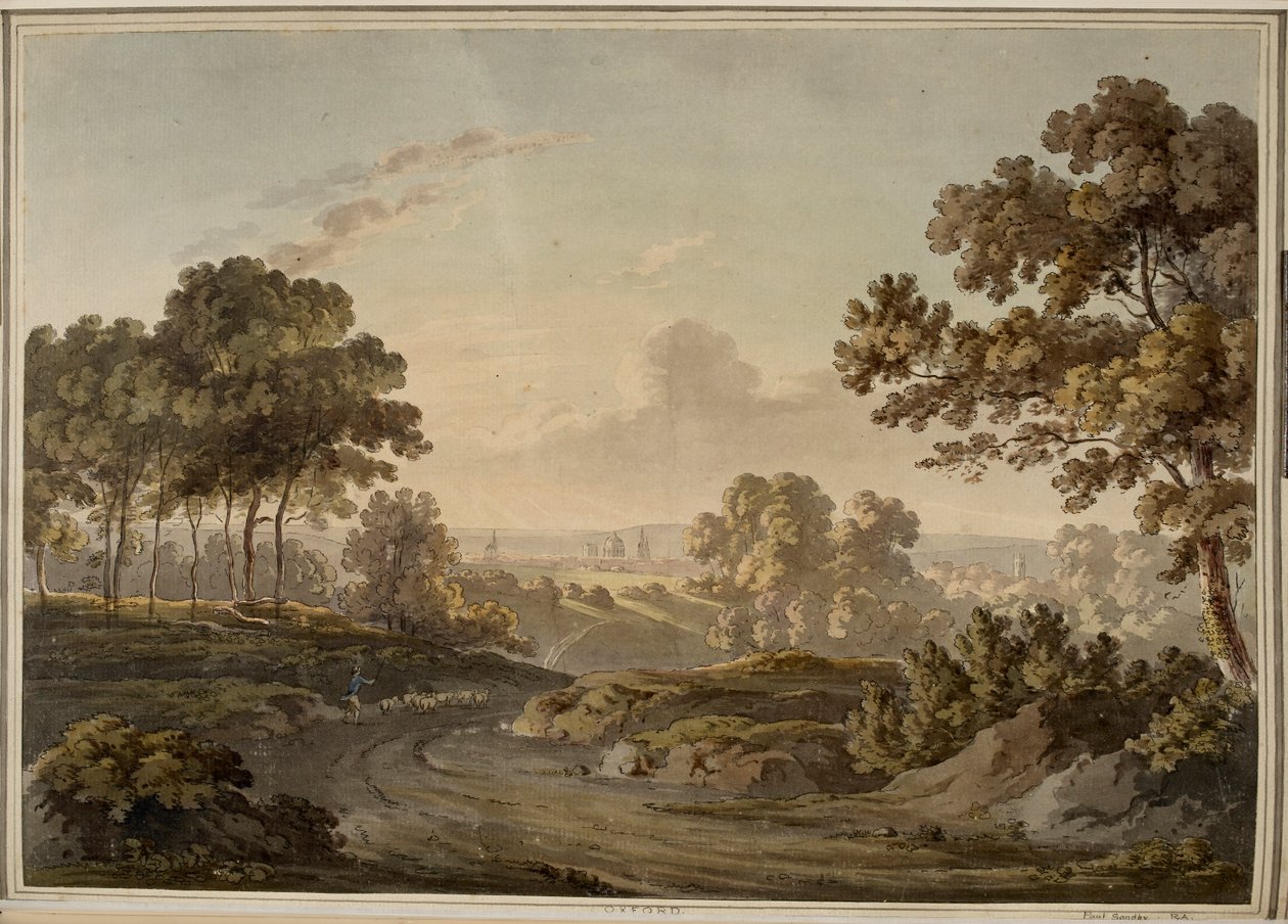 Oxford [graphique]. Berger conduisant des moutons sur la route vers Oxford, visible à l