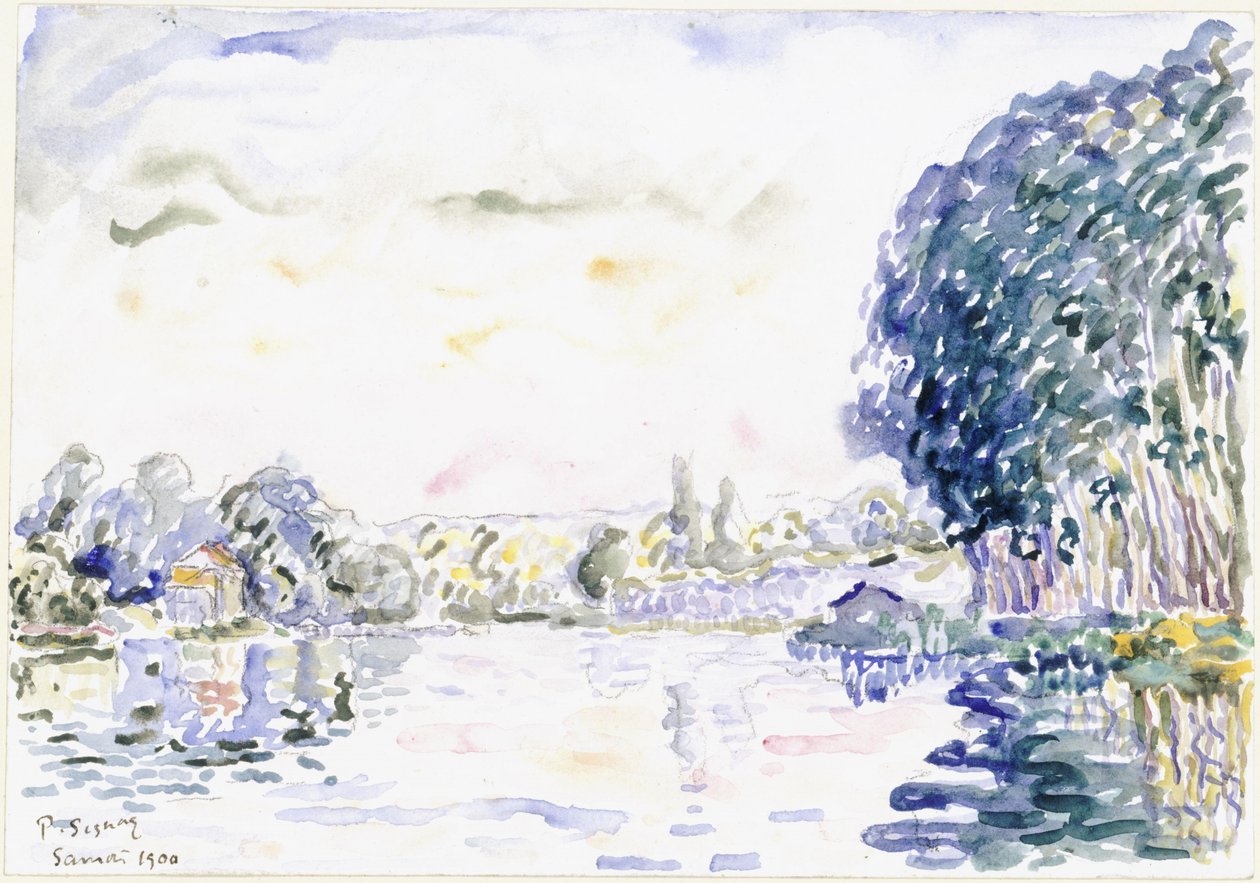 Paysage fluvial avec maisonnette et arbres - Paul Signac