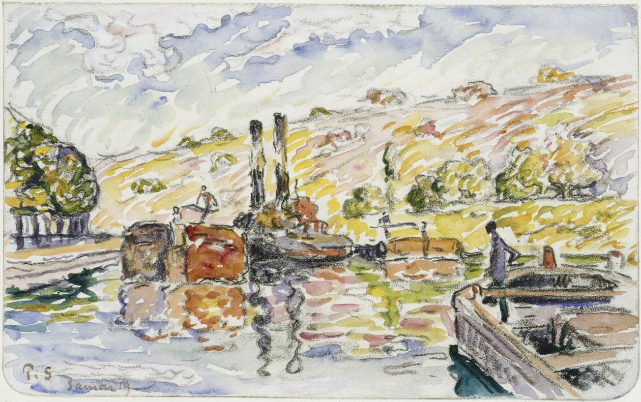 Paysage fluvial avec remorqueurs et péniches - Paul Signac