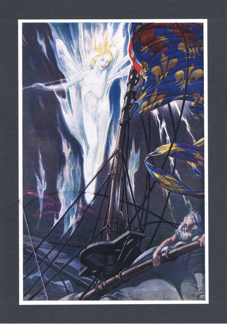 Au sommet, les vergues et le beaupré, je flamberais distinctement, illustration de La Tempête, 1908 - Paul Vincent Woodroffe