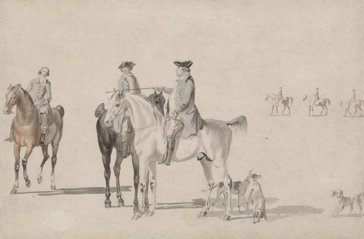 Le duc de Cumberland avec un gentleman et un palefrenier, tous montés, et des chiens - Paul and Thomas  Sandby