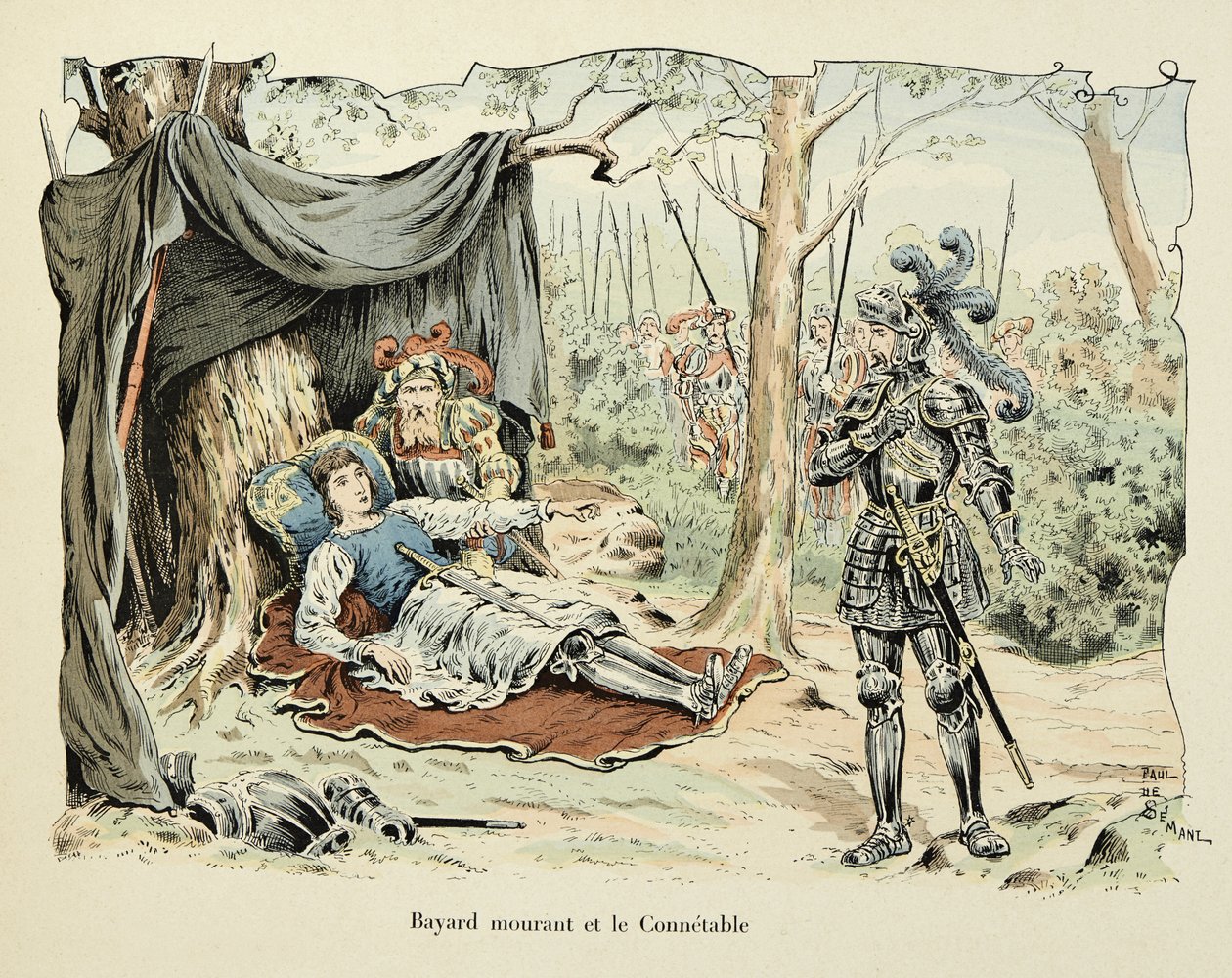 Illustration tirée du livre « Histoire du chevalier Bayard » de Théodore Cahu, illustrée par Paul De Semant (1855-1915) : Bayard mourant et Le Connétable de Bourbon 1524 - Paul de Semant