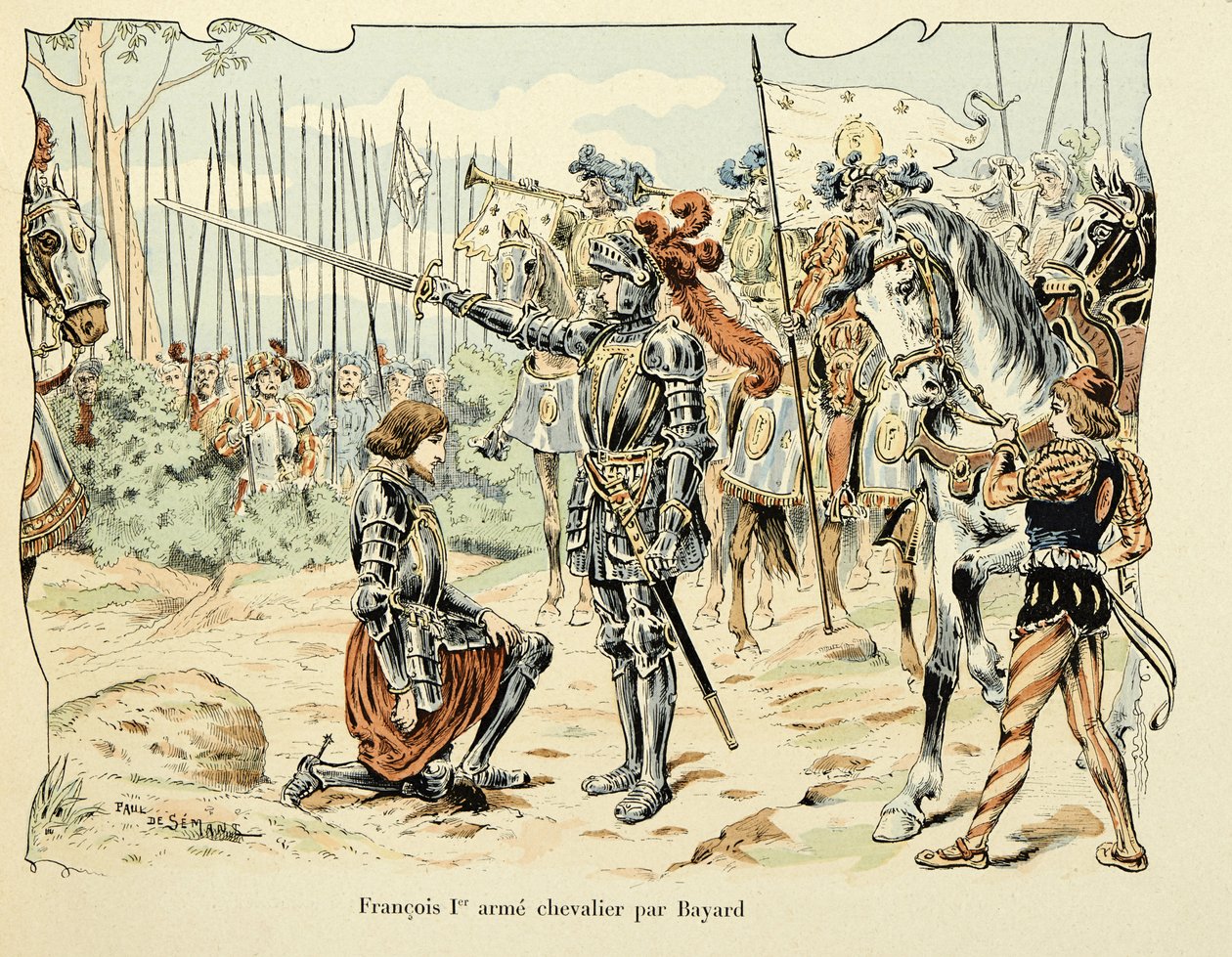 Illustration tirée du livre « Histoire du chevalier Bayard » de Théodore Cahu, illustrée par Paul De Sémant (1855-1915) : François Ier armé chevalier par Bayard 1515 - Paul de Semant