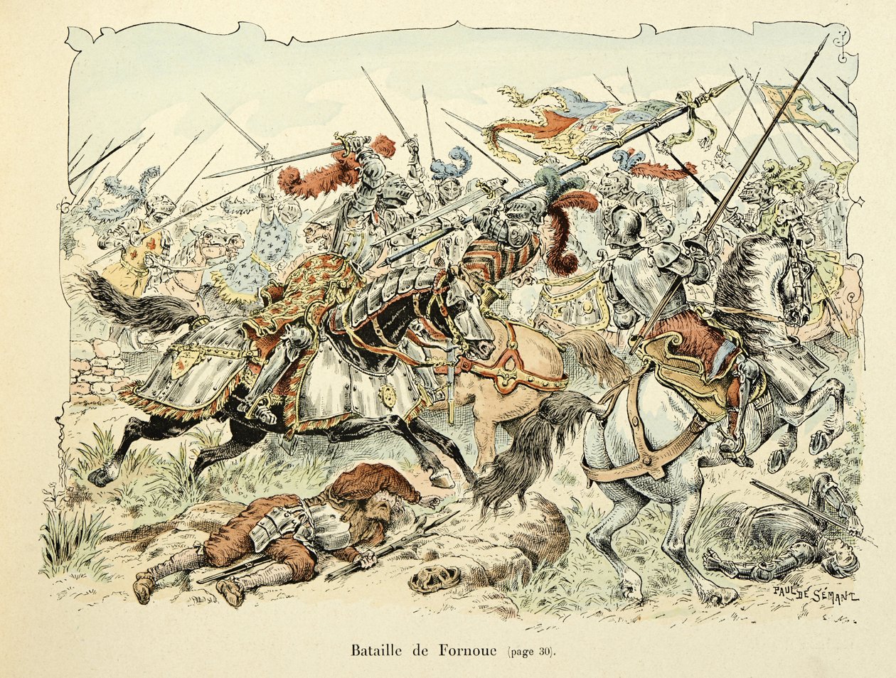 Illustration tirée du livre « Histoire du chevalier Bayard » de Théodore Cahu, illustrée par Paul De Sémant (1855-1915) : Bataille de Fornoua 1495 - Paul de Semant