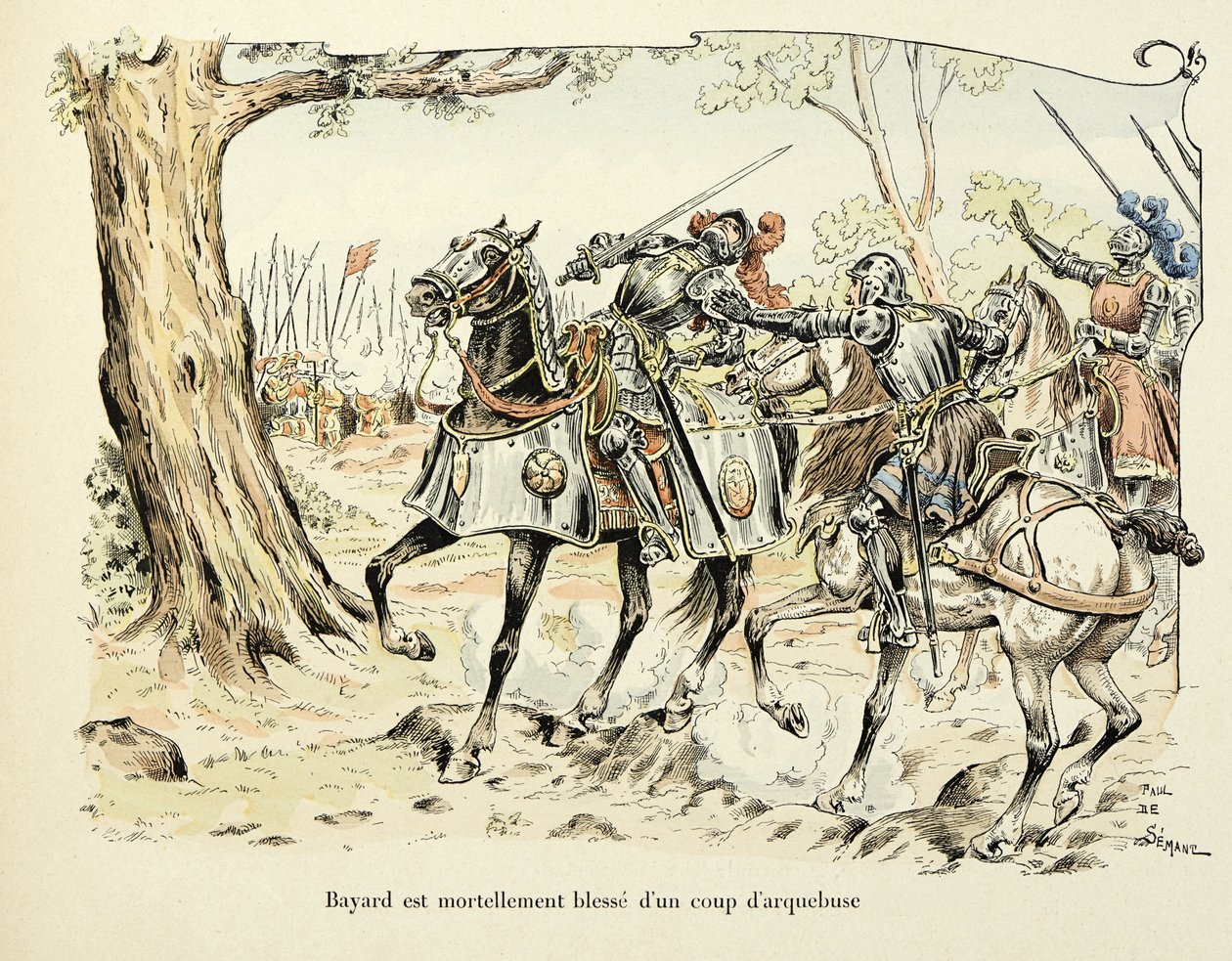 Illustration tirée du livre "Histoire du chevalier Bayard" par Théodore Cahu, illustrée par Paul De Sémant : Bayard blesse mortellement avec un coup d
