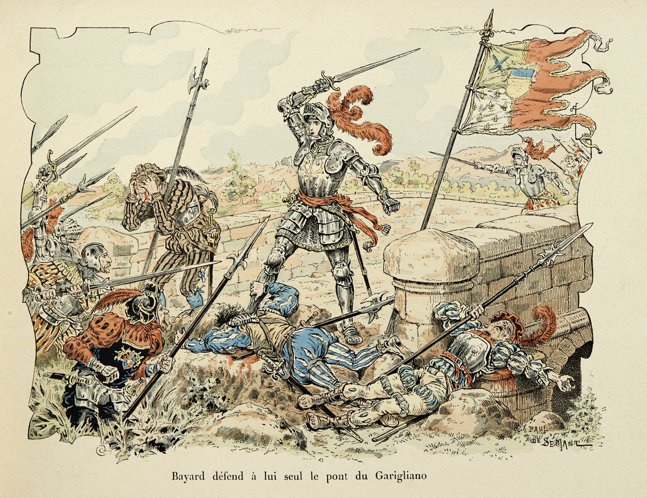 Illustration tirée du livre "Histoire du chevalier Bayard" de Théodore Cahu, illustrée par Paul De Sémant (1855-1915) : Bayard défend seul le pont de Garigliano 1504 - Paul de Semant